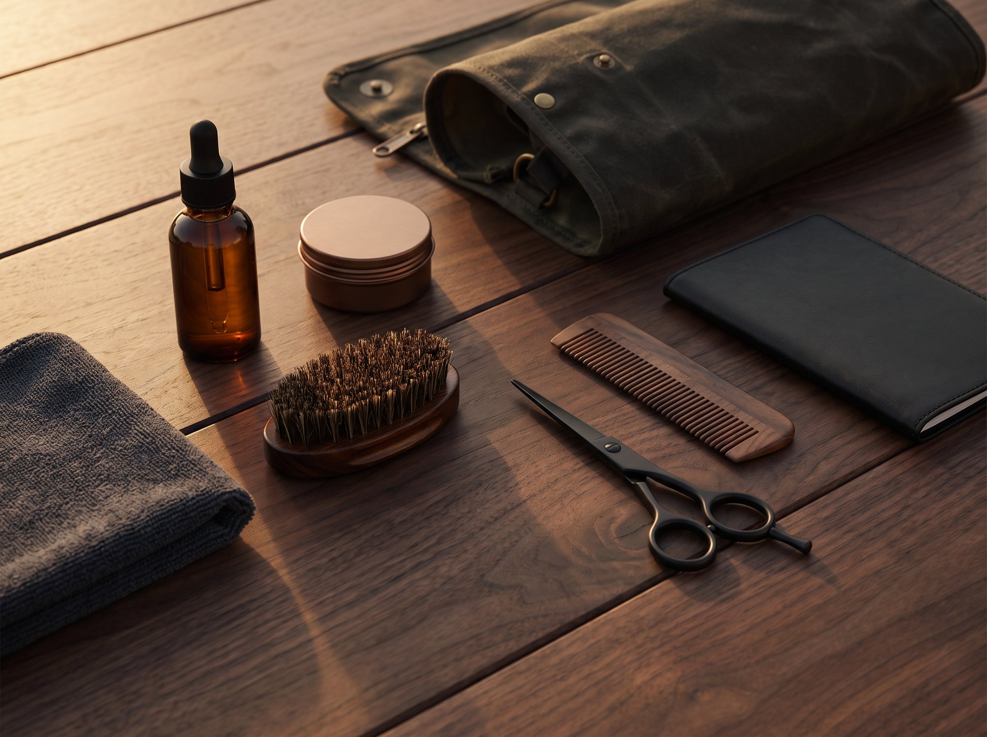 The Beard App Kit — flat lay on dark walnut